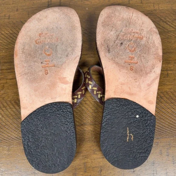 Calleen Cordero Sandals Womens 8 Brown Leather Gold Leaf Embroidered Boho Flat - Picture 7 of 8